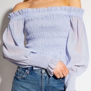 NWT $219 All Saints Lavender Shirred Peplum Lara Top Off-Shoulder Top size 10